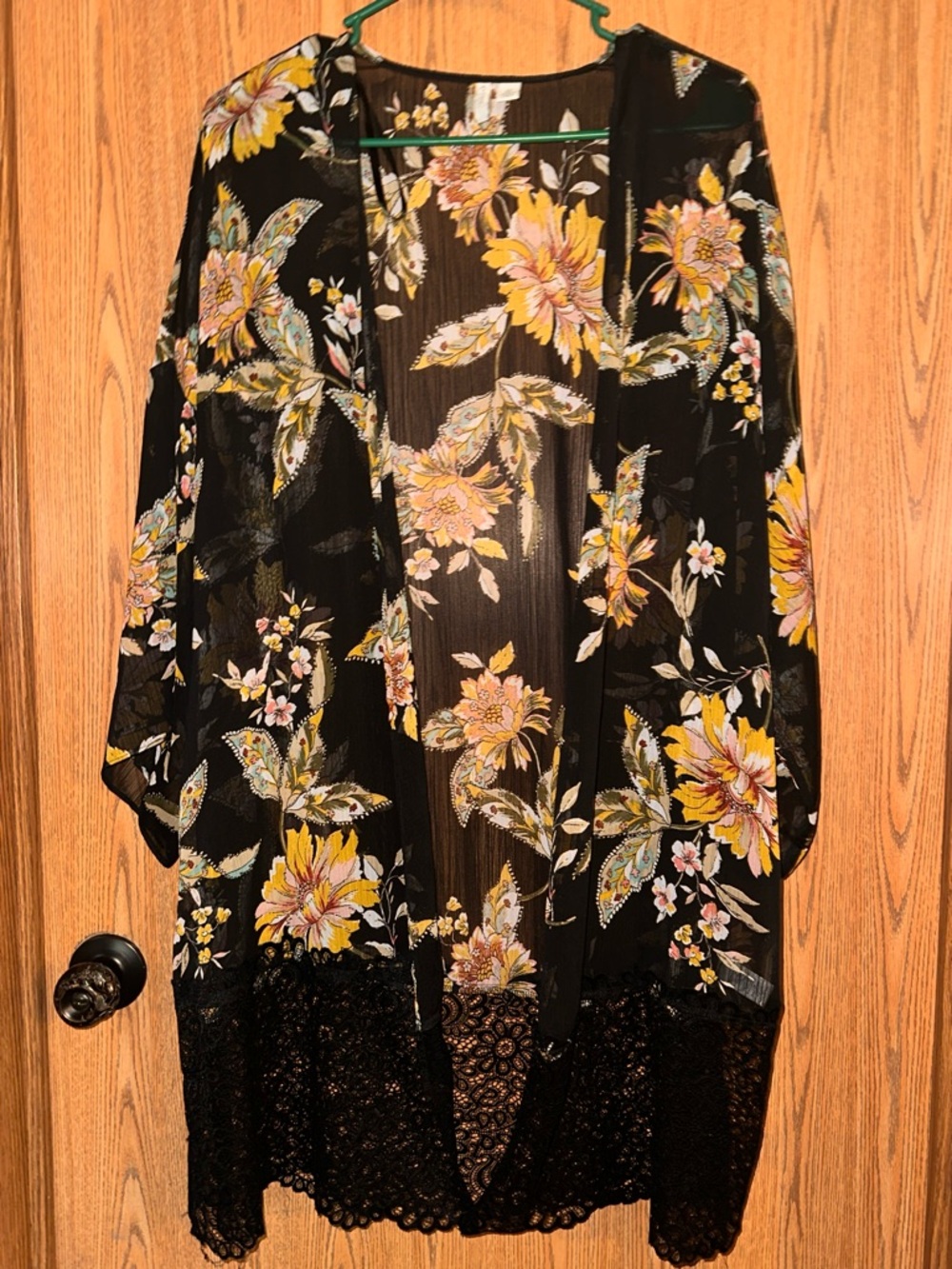 Black Floral Lace Trim Kimono
